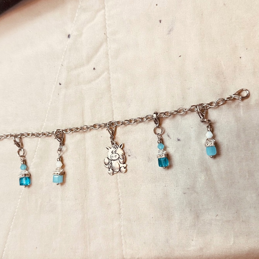 Silver Tone Charm Bracelet w/Detachable Blue Beaded Charms & Pig Charm